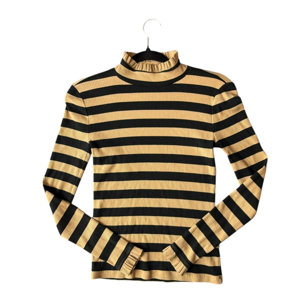 J.Crew Montauk Stripe Ribbed Mockneck XS Sand Black Breton Ruffle Trim - Picture 9 of 16